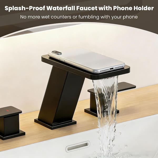 Elite 8 in. Waterfall Widespread 2-Handle Bathroom Faucet 3-Hole Bath Sink Faucet with Pop-Up Drain in Matte Black