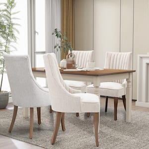 Comfy Beige Linen Channel Tufted Upholstered Dining Chairs Set of 4 with Solid Wood Legs