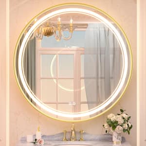36 in. W x 36 in. H Round Framed 3-Colors Dimmable LED Wall Mount Bathroom Vanity Mirror with Lights Anti-Fog in Gold