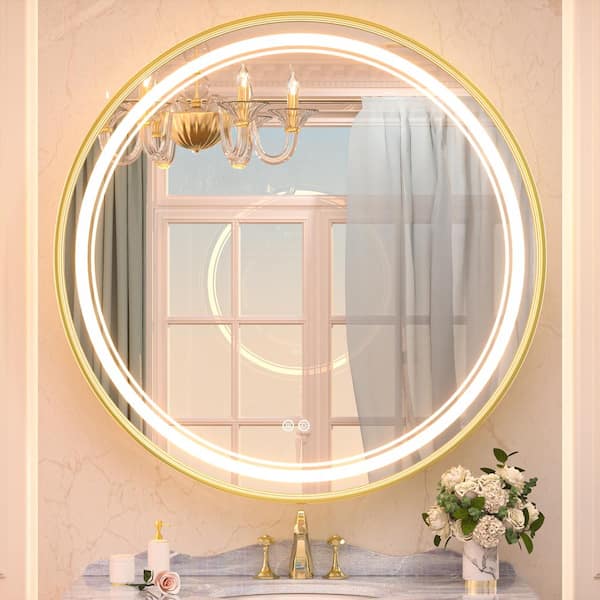 KeonJinn 36 in. W x 36 in. H Round Framed 3-Colors Dimmable LED Wall Mount Bathroom Vanity Mirror with Lights Anti-Fog in Gold