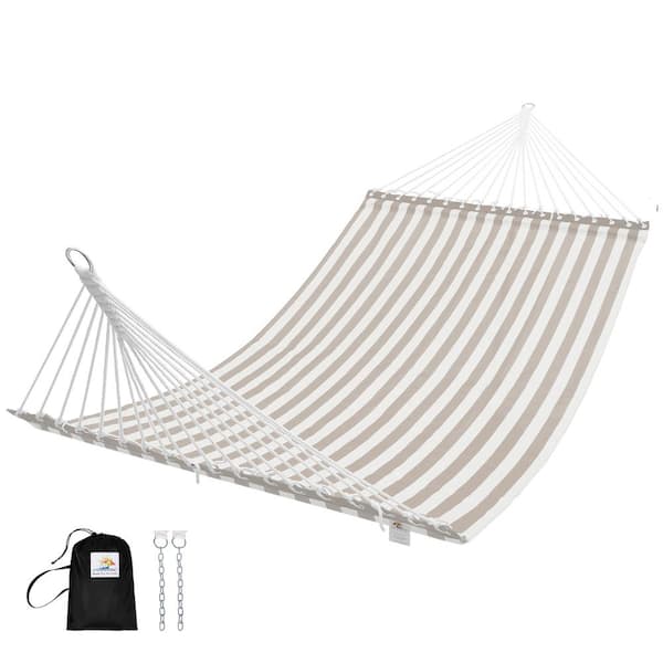 Unbranded 11 ft. Double Wide 2-Person Textilene Hammock Bed with Iron Spreader Bars, Beige Stripes