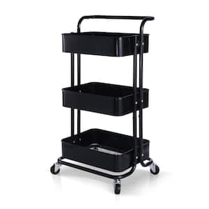 Black Steel Kitchen Cart, 3-Tier Metal Rolling Utility Cart for Kitchen, Bathroom and Living Room