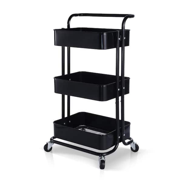 Tileon Black Steel Kitchen Cart, 3-Tier Metal Rolling Utility Cart for Kitchen, Bathroom and Living Room