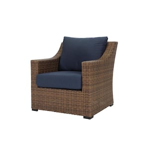 Alder Brown Stationary Wicker Outdoor Lounge Chair with Sunbrella Spectrum Indigo Cushion (1-Piece)