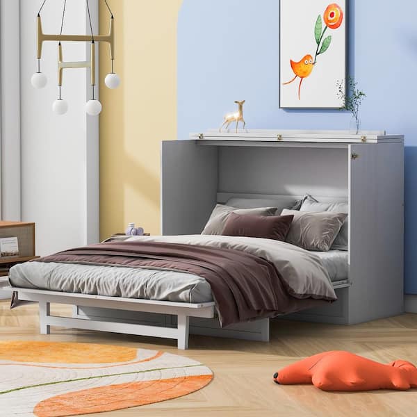 Qualler White Wood Frame Full Murphy Bed with USB Ports and Drawer