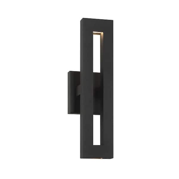 the great outdoors by Minka Lavery Paddock 16 in. Sand Black Outdoor Hardwired Rectangle Coach Wall Sconce with LED Included and Frosted Black Glass Shades