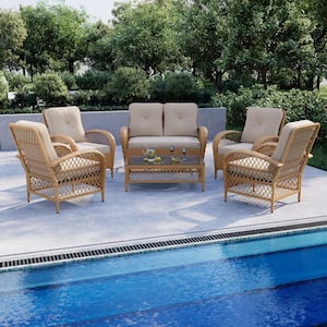 6-Piece Wicker Patio Conversation Set Outdoor Chair Set with Loveseat and Coffee Table, Beige Cushions