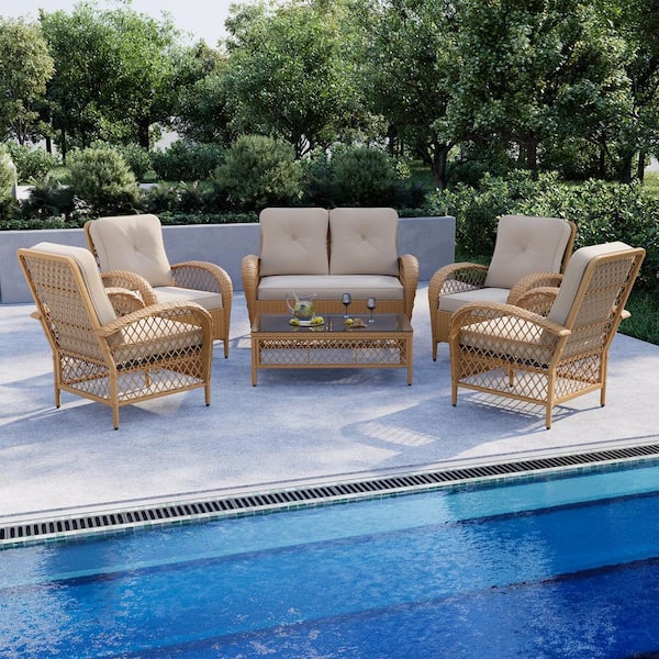 UPHA 6-Piece Wicker Patio Conversation Set Outdoor Chair Set with Loveseat and Coffee Table, Beige Cushions