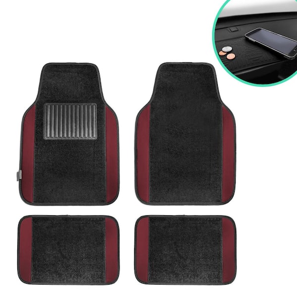 FH Group 4-Piece Burgundy Universal Carpet Floor Mat Liners with Colored Trim - Full Set