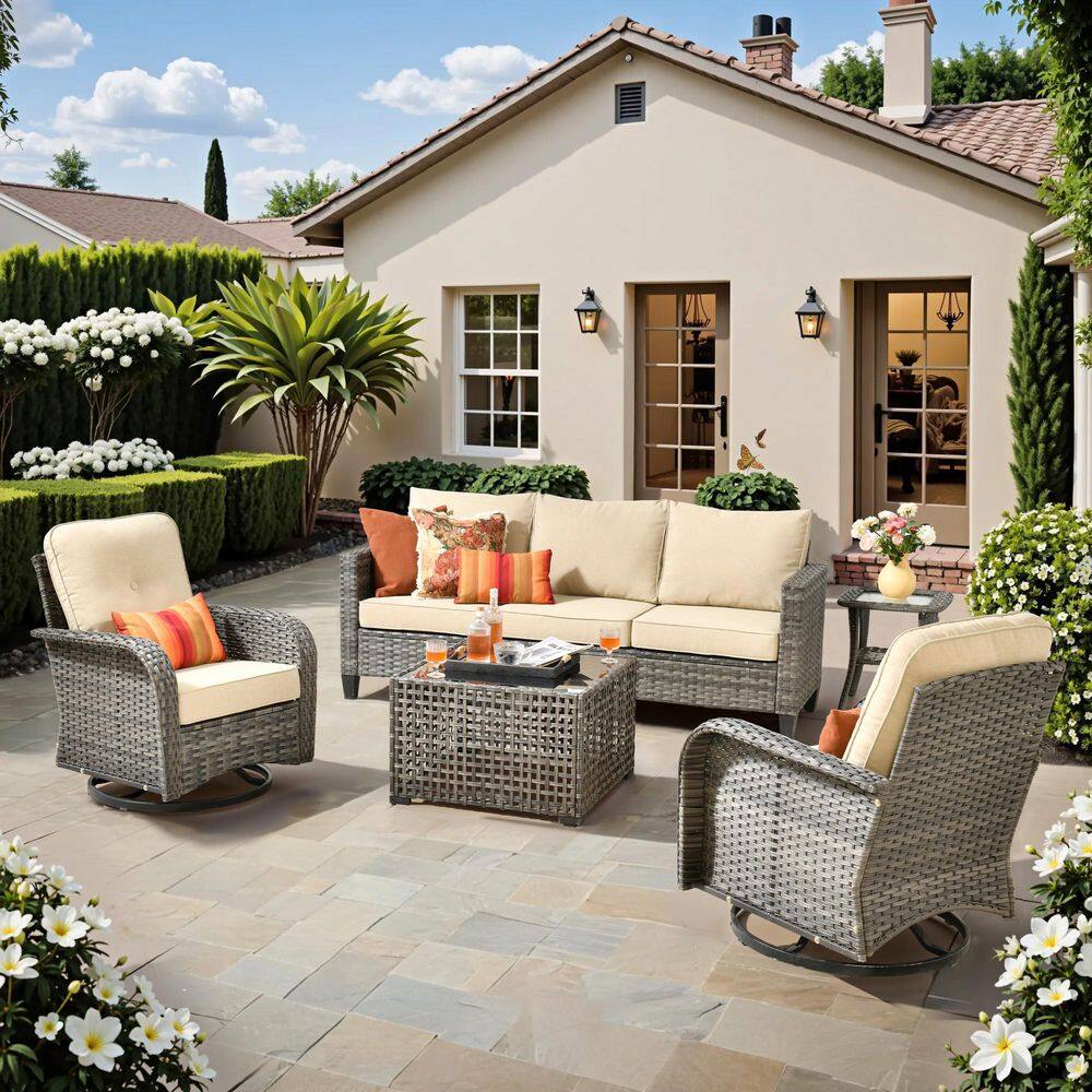 Aurora 5-Piece Wicker Patio Conversation Sofa Set with Swivel Rocking Chairs and Beige Cushions price history on PriceWatchPro