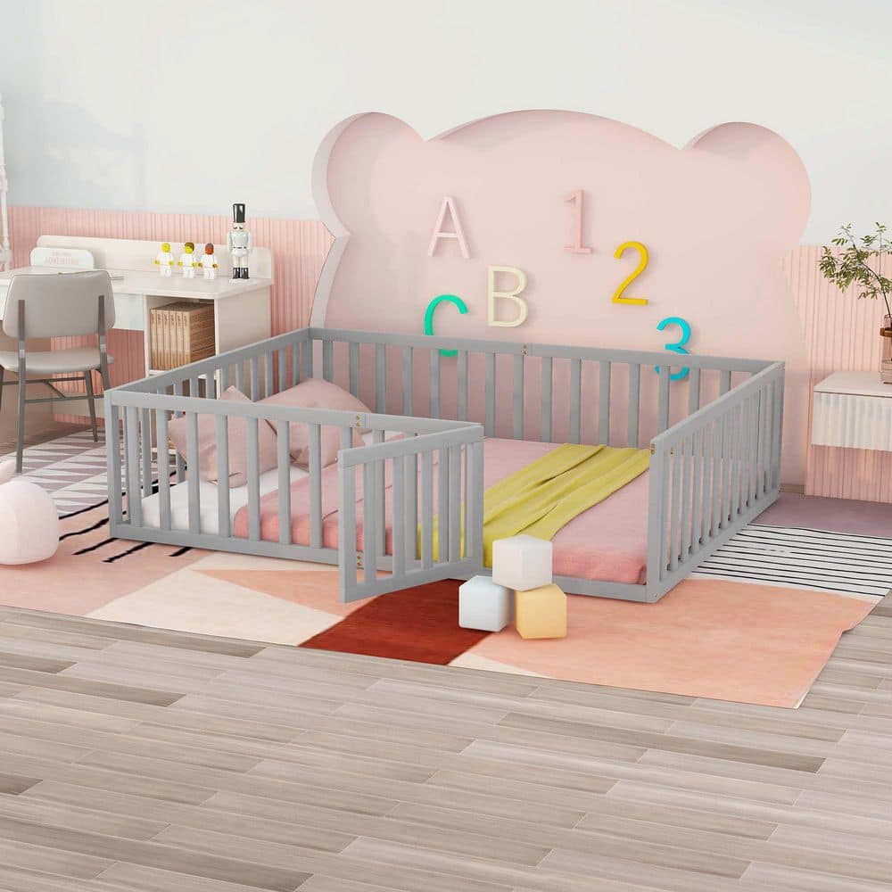 Gray Wood Frame Queen Size Platform Bed with Fence and Door
