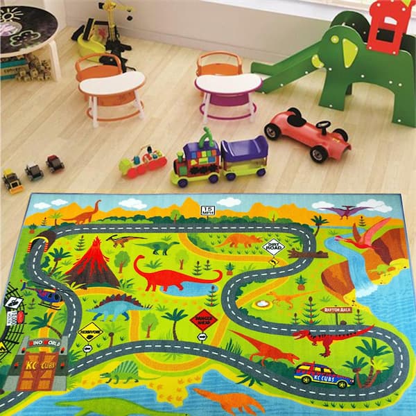 Kc Cubs Multi Color Kids Children Bedroom Dino Safari Road Map Educational Learning Game 8 Ft X 10 Ft Area Rug Kcp 8x10 The Home Depot