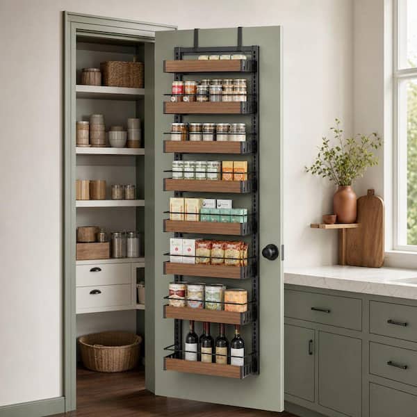Wudkey 8-Tier Black Over The Door Pantry Organizer, Wall Mount or Hanging Spice Rack with Adjustable Basket for Kitchen