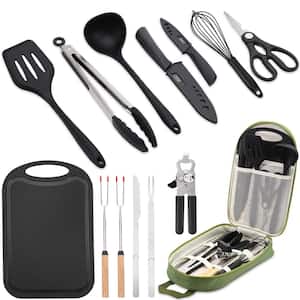 14-Piece Portable Stainless Steel and Silicone Camping Cookware Cooking Utensils Set with Green Bag for Grill