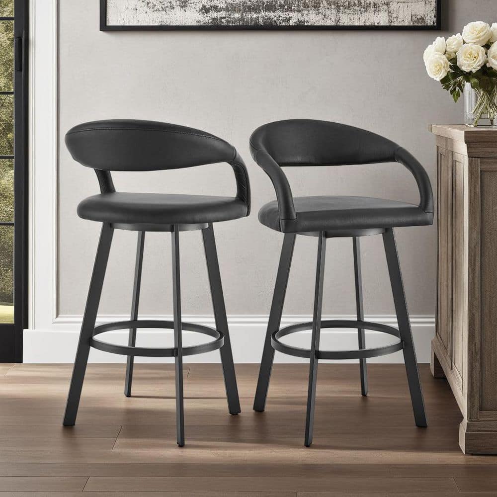 Ramona 26" Black Faux Leather Swivel Counter Stool with Metal Frame
