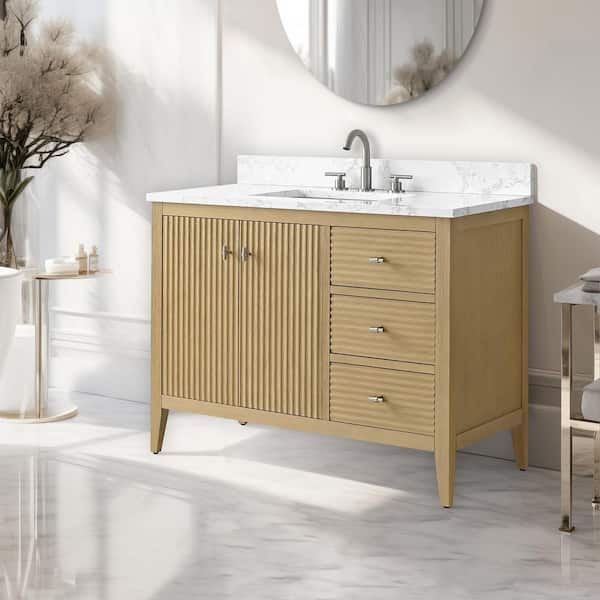42 in. W x 22 in D x 38 in. H Single Sink Bath Vanity Cabinet in Linear Natural Oak with White Engineered Marble Top