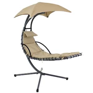 Floating Metal Patio Chaise Lounge Chair with Umbrella and Beige Cushions