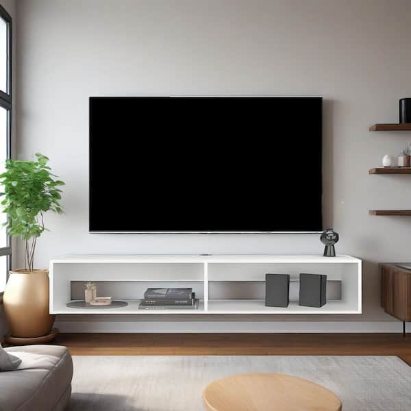 Unbranded White 59.1 in. Wood Wall Decorative Floating Shelf, Wall Mounted TV Stand for 55-70 in. TV, with 2-Open Shelves