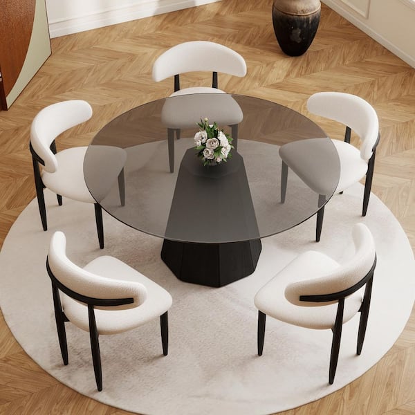 Modern 59.05 in. Black Round Tempered Glass Tabletop Dining Table with Black Pedestal Base (Seats 8)