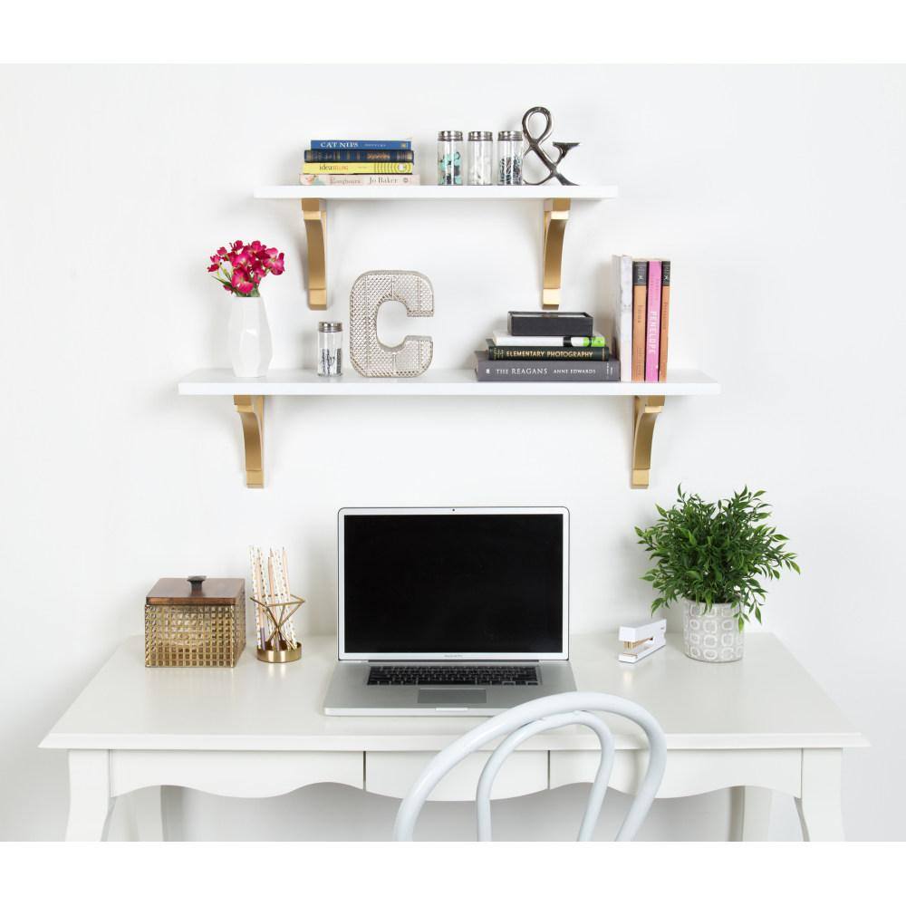 Classic White and Gold Wood Floating Wall Shelf, 24 inches