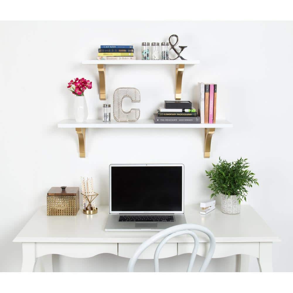 36" White and Gold Floating Wood Wall Shelf