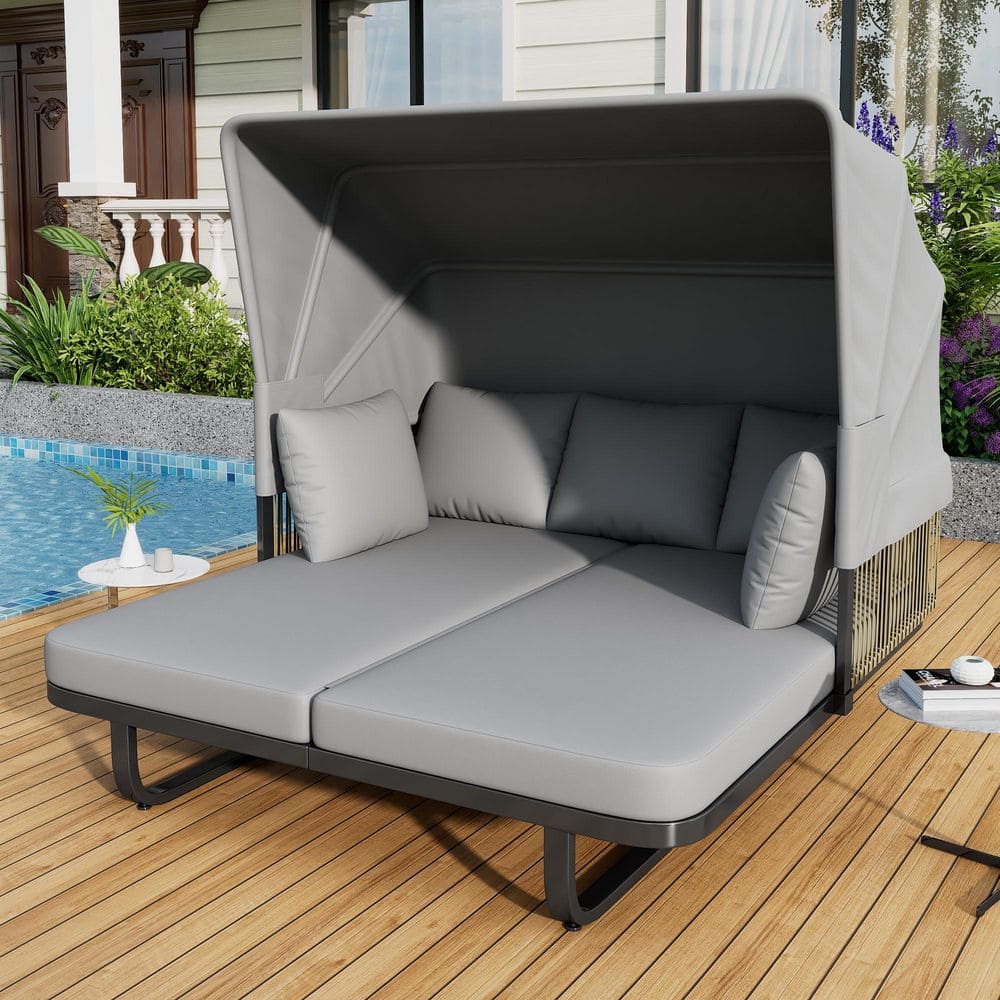 Metal Outdoor Day Bed with Retractable Canopy and Gray Cushions