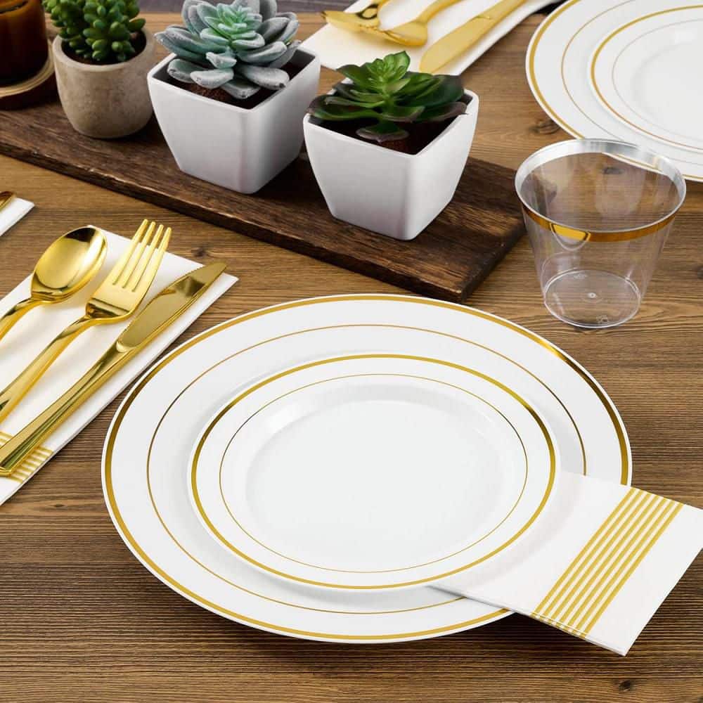 Anqtovp Gold Plastic Disposable Plates (Set of 60) with Gold Rim