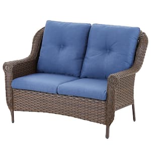 Chrysanthemum Armrest Series 2-Seat Brown Wicker Outdoor Patio Double Seat Sofa Couch with Blue Cushions