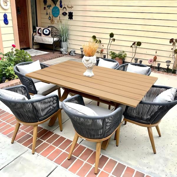 Teak-Finish 7-Piece Wicker Square Aluminum Frame Outdoor Dining Set and Pillows with Beige Cushions
