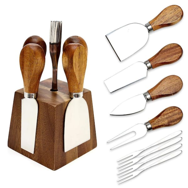 9-Piece Cheese Knives with Holder, Acacia Wood Charcuterie Serving Utensils Supplies Cheese Knife Set