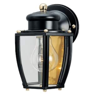 1-Light Matte Black Steel Exterior Wall Lantern Sconce with Clear Curved Glass Panels