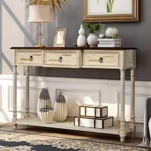 51 in.Beige Rectangle Wood Console Table Sofa Table with Drawers and Long Shelf for Entryway Hallway