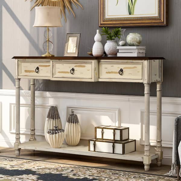 Harper & Bright Designs 52 in. Beige Standard Rectangle Wood Console Table with 3-Drawers