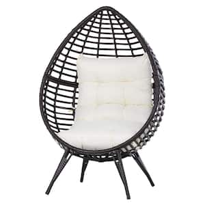 Brown Teardrop Shaped Plastic Rattan Wicker Outdoor Lounge Chair with White Cushion & Elegant Design
