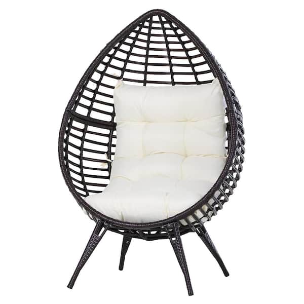 Outsunny Brown Teardrop Shaped Plastic Rattan Wicker Outdoor Lounge Chair with White Cushion & Elegant Design