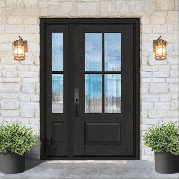 Regency 53 in. x 80 in. 3/4Lite 4SDL Oasis Deco Glass RHIS Prefinish Onyx Fiberglass Prehung Front Door w/1_ 14inSL