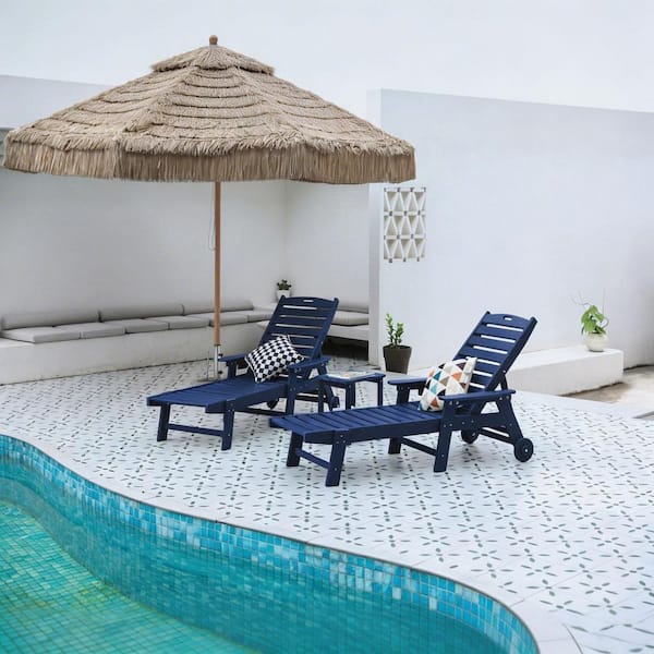VAMOP Navy Blue 3-Piece Outdoor Chaise Lounge Set with Wood
