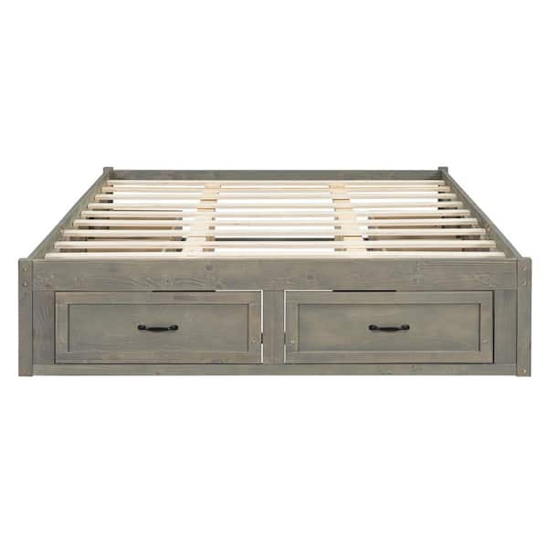 Rustic Antique Gray Wood Frame Queen Platform Bed with 6 Storage Drawers