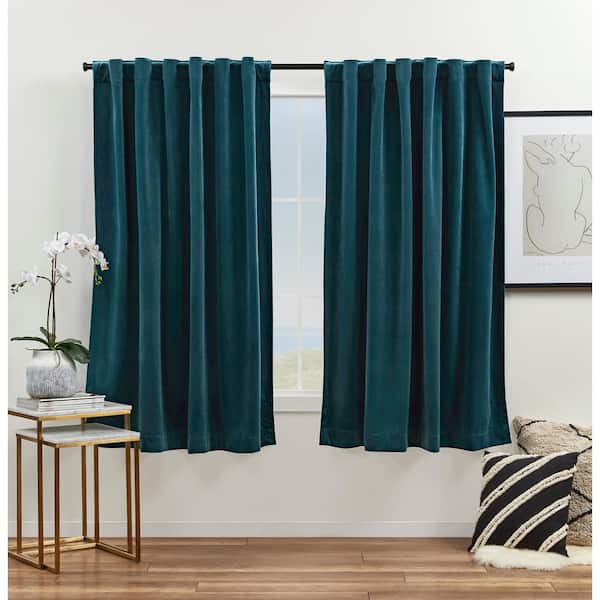 EXCLUSIVE HOME Velvet Teal Solid Light Filtering Hidden Tab / Rod Pocket Curtain, 52 in. W x 63 in. L (Set of 2)