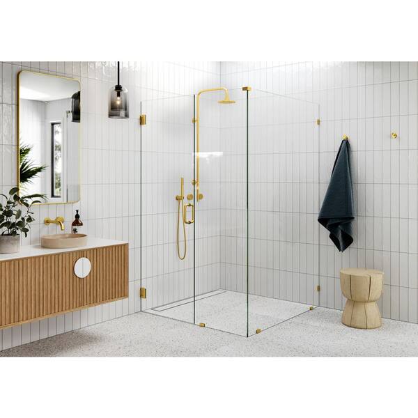 Glass Warehouse 47 in. W x 48.5 in. D x 78 in. H Pivot Frameless Corner Shower Enclosure in Satin Brass Finish with Clear Glass