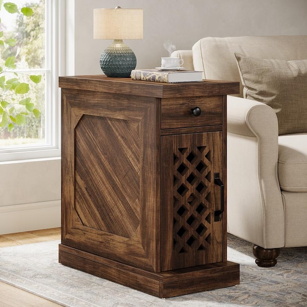 BYBLIGHT 23.6 in. Brown Rectangle Engineered Wood Narrow End Table with Drawer and Cabinet for Small Space, Living Room