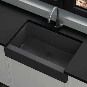 Stonehaven 33 in. Farmhouse Black Onyx Granite Composite Single Bowl Apron Front Kitchen Sink with Black Onyx Strainer