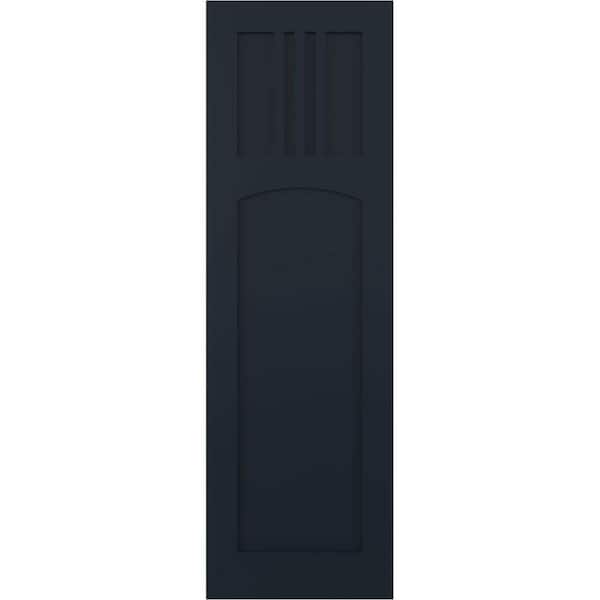 Ekena Millwork True Fit 12 in. x 35 in. Flat Panel PVC San Miguel Mission Style Fixed Mount Shutters Pair in Starless Night Blue
