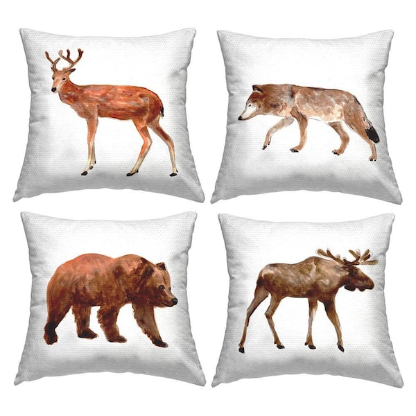 Modern Woodland Animals Brown Square Outdoor Throw Pillow 4-Pack
