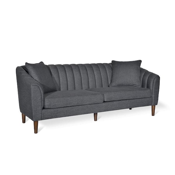 Noble House Currie 84.5 in. Width Charcoal and Dark Walnut Polyester 3-Seats Sofa with Pillows