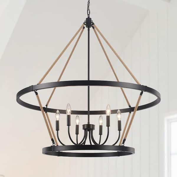 6-Light Black Hemp Rope Candlestick Wagon Wheel Chandelier 2-Tier Linear Chandelier Lighting for Kitchen Island