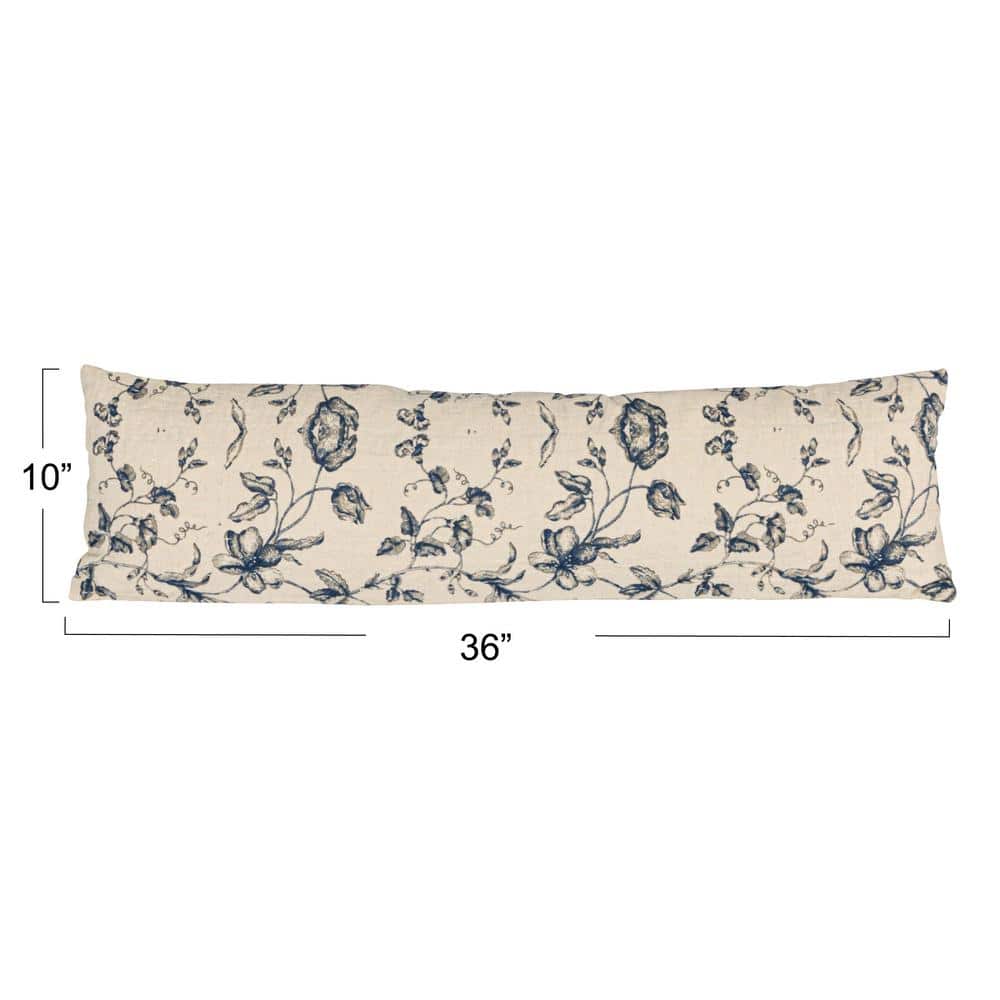 Blue Floral Patterned Cotton and Linen Lumbar Pillow