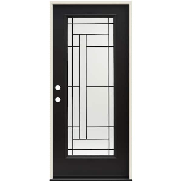 JELD-WEN 36 in. x 80 in. Right-Hand Full Lite Atherton Decorative Glass Black Painted Fiberglass Prehung Front Door w/Brickmould