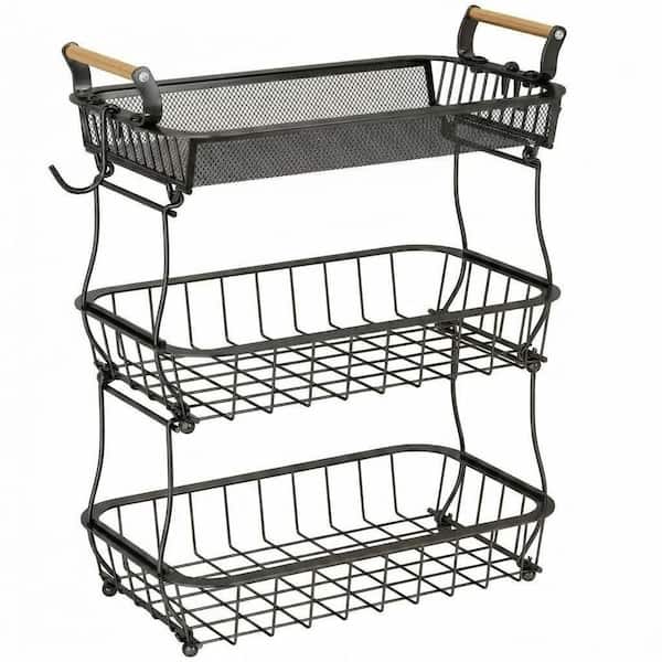 3 Tier Metal Mesh Fruit Basket with 2 Banana Hangers, Countertop Produce Storage Organizer for Kitchen