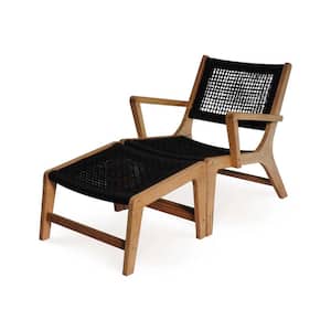 Lisbon Eucalyptus Solid Wood Arms Outdoor Lounge Chair Set With Separated Ottoman in Black